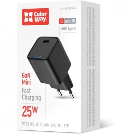 Зарядний пристрій ColorWay GaN Mini 25W (CW-CHS052PD-BK) PD Port PPS USB-C Black
