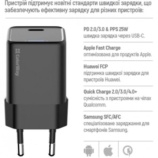 Зарядний пристрій ColorWay GaN Mini 25W (CW-CHS052PD-BK) PD Port PPS USB-C Black