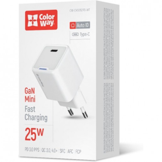 Зарядний пристрій ColorWay GaN Mini 25W (CW-CHS052PD-WT) PD Port PPS USB-C White
