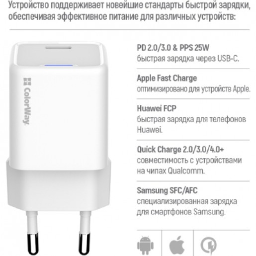 Зарядний пристрій ColorWay GaN Mini 25W (CW-CHS052PD-WT) PD Port PPS USB-C White