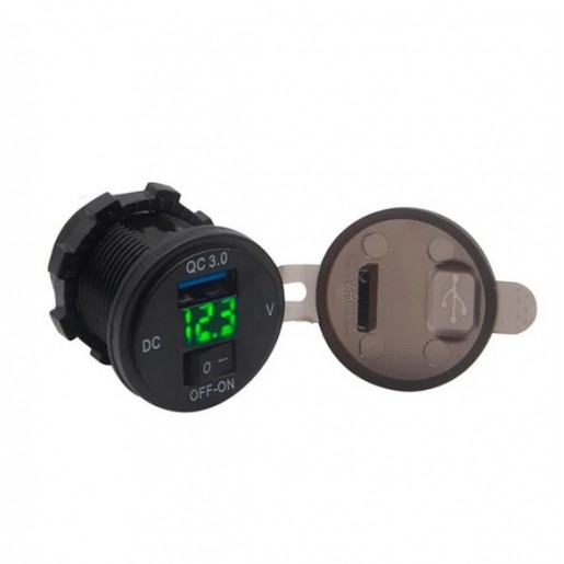 Автомобільний зарядний пристрій USB 12-24V QC3.0 LED Green з кнопкою
