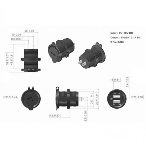 Врізний зарядний пристрій в авто USB 2.1+2.1А в прикурювач