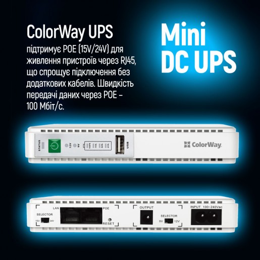 Джерело безперебійного живлення ColorWay UPS для роутера 8800mAh 21W DC 5V/9V/12V/24V (CW-PB088LI1WT)